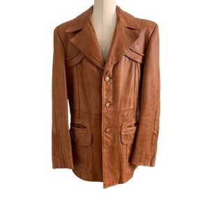 Vintage Men Berman's Belted Leather Jacket 42 Camel Thrashed Coat Distressed 70s